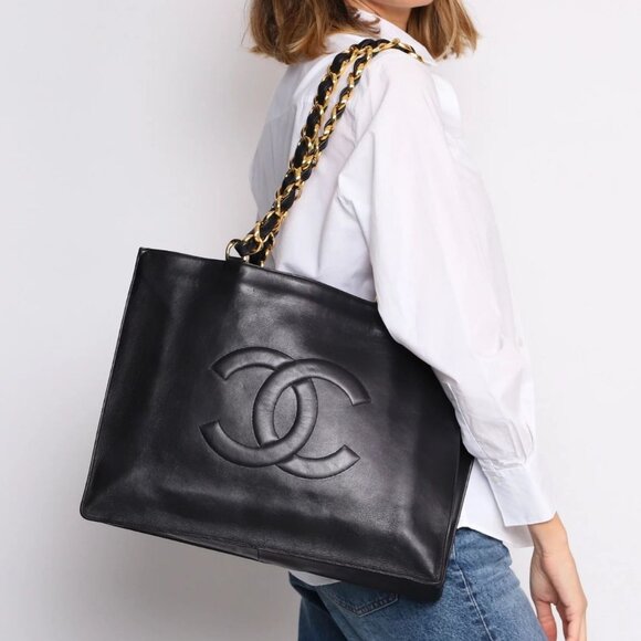 Authentic CHANEL Jumbo XL Shopping Tote Timeless Classic Black Lambskin Vintage - Picture 1 of 16